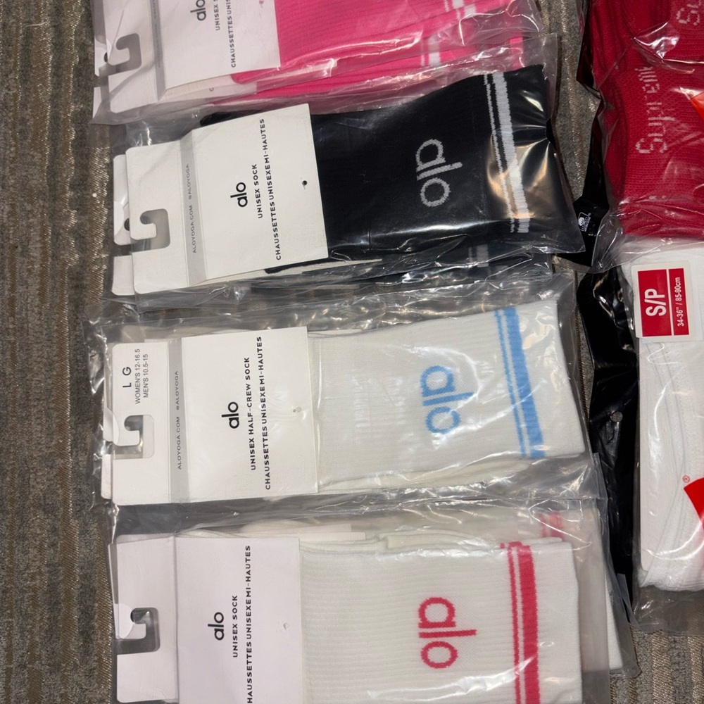 ALO Yoga Men’s Athletic Crew Socks – White with Pink, White with Blue, Black